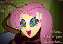 Size: 1050x730 | Tagged: safe, artist:snakeythingy, derpibooru import, fluttershy, equestria girls, barrette, canterlot high, coiling, coils, cute, disney, excited, hallway, happy, hypno eyes, kaa, kaa eyes, massage, master, mind control, open mouth, peril, shyabetes, snake tail, solo, story included, text