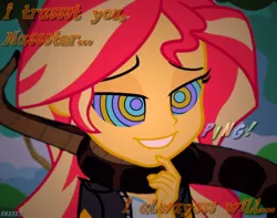 Size: 900x710 | Tagged: safe, artist:snakeythingy, derpibooru import, sunset shimmer, equestria girls, friendship games, clothes, coils, cute, dress, hypno eyes, implied kaa, jacket, kaa, kaa eyes, leather jacket, lidded eyes, master, mind control, peril, shimmerbetes, smiling, solo, story included