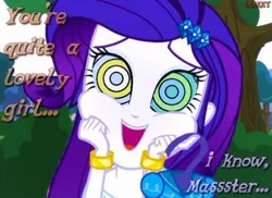 Size: 400x291 | Tagged: safe, artist:snakeythingy, derpibooru import, rarity, equestria girls, friendship games, adorable face, barrette, bracelet, clothes, cute, disney, dress, hissing, hypno eyes, implied kaa, jewelry, kaa, kaa eyes, master, mind control, offscreen character, peril, raribetes, solo, story included, text, tree