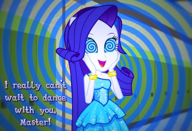 Size: 1024x699 | Tagged: safe, artist:snakeythingy, derpibooru import, rarity, equestria girls, bracelet, canterlot high, clothes, cute, dancing, dress, excited, fall formal, fall formal outfits, hallway, hands on cheeks, happy, hypno eyes, hypnosis, hypnotized, jewelry, lockers, master, ponied up, ponytail, raribetes, sexy, solo, spiral, story included, swirly eyes, text