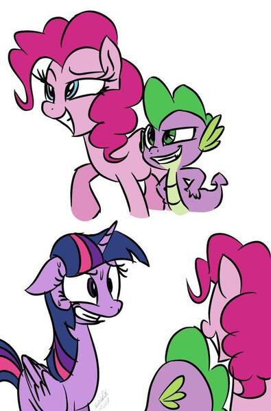 Size: 600x911 | Tagged: safe, artist:emositecc, derpibooru import, pinkie pie, spike, twilight sparkle, twilight sparkle (alicorn), alicorn, dragon, earth pony, pony, female, grin, male, mare, nervous, nervous grin, smiling, smug, sweat