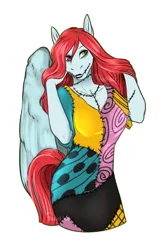 Size: 892x1332 | Tagged: anthro, anthro oc, artist:blackblood-queen, bodypaint, clothes, commission, costume, derpibooru import, dyed mane, female, gift art, halloween, halloween costume, heterochromia, holiday, makeup, mare, nightmare night costume, oc, oc:firelight, pegasus, safe, sally, simple background, smiling, the nightmare before christmas, transparent background, unofficial characters only