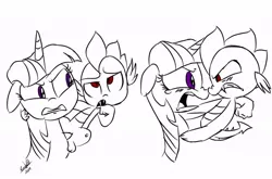 Size: 1024x675 | Tagged: safe, artist:emositecc, derpibooru import, spike, twilight sparkle, dragon, pony, unicorn, vampire, alternate eye color, angry, evil spike, fangs, female, looking at each other, male, mare, red eyes, unicorn twilight