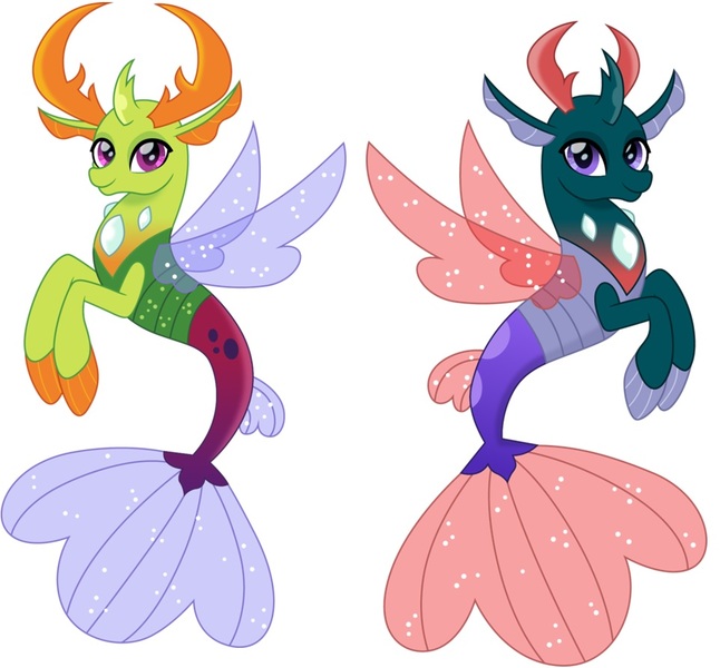 Size: 962x894 | Tagged: artist:cloudyglow, changedling, changedling brothers, changeling, derpibooru import, editor:thomasfan45, fins, fin wings, king thorax, looking at you, male, mandibles, pharynx, prince pharynx, safe, seaponified, seapony (g4), seapony pharynx, seapony thorax, simple background, smiling, species swap, tail, thorax, vector, white background, wings