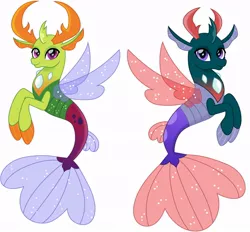 Size: 962x894 | Tagged: artist:cloudyglow, changedling, changedling brothers, changeling, derpibooru import, editor:thomasfan45, fins, fin wings, king thorax, looking at you, male, mandibles, pharynx, prince pharynx, safe, seaponified, seapony (g4), seapony pharynx, seapony thorax, simple background, smiling, species swap, tail, thorax, vector, white background, wings