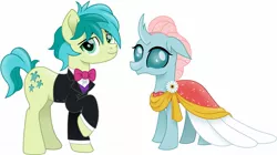 Size: 1427x800 | Tagged: safe, artist:cloudyglow, derpibooru import, edit, editor:thomasfan45, ocellus, sandbar, changedling, changeling, earth pony, pony, beautiful, bowtie, clothes, cutie mark, dress, female, flower, formal dress, formal wear, handsome, male, movie accurate, ocelbar, shipping, simple background, straight, suit, tuxedo, vector, white background
