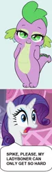 Size: 492x1612 | Tagged: suggestive, artist:tijopi, derpibooru import, edit, edited screencap, screencap, rarity, spike, dragon, pony, unicorn, a dog and pony show, baby, baby dragon, barb, barbabetes, blue background, caption, cute, dialogue, eyeshadow, female, frown, gasp, image macro, implied futa, jaw drop, ladyboner, lidded eyes, makeup, male, open mouth, rule 63, rule63betes, self dragondox, shipping, shocked, simple background, sparity, spikabetes, straight, surprised rarity, text, wide eyes