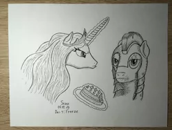 Size: 4032x3024 | Tagged: safe, artist:stink111, derpibooru import, princess celestia, pony, cake, cakelestia, food, inktober, inktober 2019, magic, monochrome, royal guard, sweat, this will not end well, traditional art