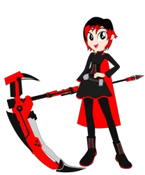 Size: 1032x1242 | Tagged: safe, artist:lhenao, derpibooru import, little red, human, equestria girls, belt, bullet, cloak, clothes, crescent rose, crossover, equestria girls-ified, gun, rifle, ruby rose, rwby, scythe, silver eyes, sniper rifle, solo, weapon
