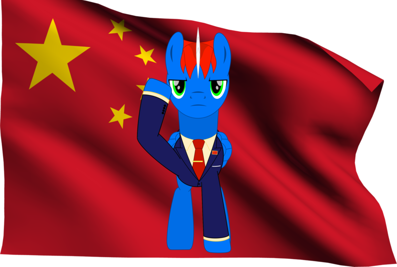 Size: 2500x1682 | Tagged: safe, artist:rd4590, derpibooru import, edit, oc, oc:vortex clipper, unofficial characters only, pegasus, pony, china, chinese flag, chinese text, clothes, lapel, lapel pin, male, national day (china), national flag, nationalism, necktie, patriotic, patriotism, poker face, politics, raised hoof, salute, serious, serious face, stallion, suit, vector