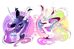 Size: 2994x1995 | Tagged: safe, artist:marbola, derpibooru import, princess celestia, princess luna, alicorn, pony, bust, digital art, drink, eyes closed, female, looking at you, magic, mare, royal sisters, siblings, sisters, slushie, smiling, smoothie