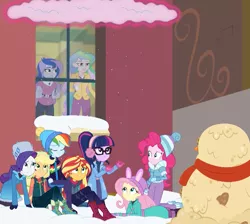 Size: 1138x1018 | Tagged: safe, derpibooru import, screencap, applejack, fluttershy, pinkie pie, princess celestia, princess luna, rainbow dash, rarity, sci-twi, sunset shimmer, twilight sparkle, equestria girls, equestria girls series, holidays unwrapped, spoiler:eqg series (season 2), book, canterlot high, clothes, eyes closed, female, glasses, humane five, humane seven, humane six, magic, principal celestia, snow, telekinesis, vice principal luna, winter outfit