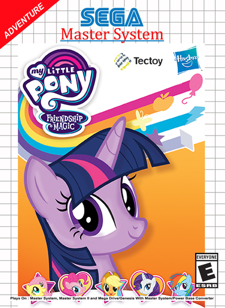 Size: 728x997 | Tagged: safe, derpibooru import, edit, applejack, fluttershy, pinkie pie, rainbow dash, rarity, twilight sparkle, pony, box art, cover, esrb, mane six, sega, sega master system, video game