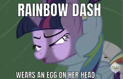 Size: 640x414 | Tagged: safe, derpibooru import, edit, edited edit, edited screencap, editor:undeadponysoldier, screencap, rainbow dash, twilight sparkle, pegasus, pony, unicorn, dragon quest, caption, duo, egghead, faic, female, hub logo, i see what you did there, image macro, mare, meme, pun, silly, text, unicorn twilight