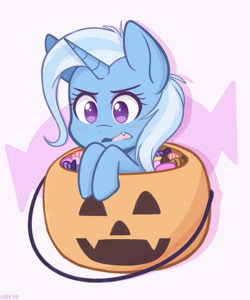 Size: 1000x1200 | Tagged: safe, artist:higgly-chan, derpibooru import, trixie, pony, unicorn, blushing, candy, cute, cute little fangs, diatrixes, fangs, female, food, halloween, holiday, mare, no pupils, pumpkin, pumpkin bucket, signature, solo