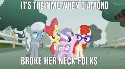 Size: 640x357 | Tagged: safe, derpibooru import, edit, edited screencap, editor:undeadponysoldier, screencap, apple bloom, diamond tiara, silver spoon, twist, earth pony, pony, call of the cutie, apple bloom's bow, bow, broken neck, caption, female, filly, glasses, hair bow, image macro, jewelry, meme, necklace, pearl necklace, text, tiara