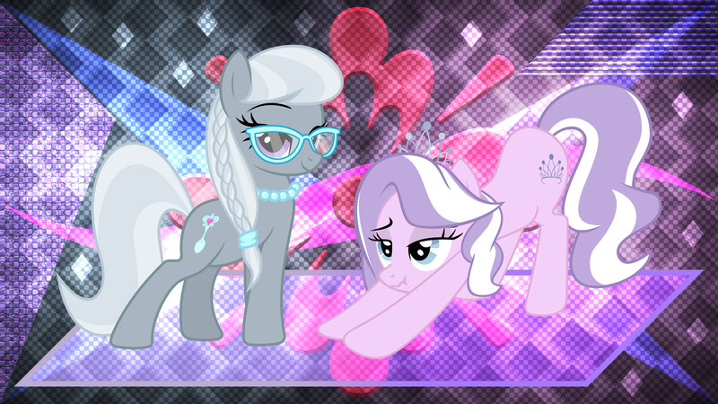 Size: 3840x2160 | Tagged: safe, artist:kraysee, artist:laszlvfx, artist:luckysmores, derpibooru import, edit, diamond tiara, silver spoon, earth pony, pony, cutie mark, glasses, high res, older, older diamond tiara, older silver spoon, scrunchy face, wallpaper, wallpaper edit