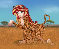 Size: 1701x1417 | Tagged: animal costume, artist:anonix123, barefoot, bedroom eyes, big cat, bodysuit, breasts, busty sunset shimmer, catsuit, cleavage, clothes, costume, derpibooru import, feet, female, field, human, humanized, leopard, looking at you, open mouth, safe, scenery, solo, sunset shimmer, tree