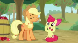 Size: 1920x1080 | Tagged: safe, derpibooru import, screencap, apple bloom, applejack, pony, going to seed, adorabloom, apple, apple tree, barrel, cute, food, tree