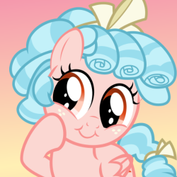 Size: 250x250 | Tagged: artist needed, source needed, useless source url, safe, derpibooru import, cozy glow, pegasus, pony, marks for effort, bow, female, filly, freckles, gradient background, hair bow, raised hoof, solo, tail bow