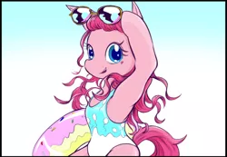 Size: 804x556 | Tagged: alternate hairstyle, artist:satouyuka, bipedal, clothes, cute, derpibooru import, diapinkes, gradient background, inner tube, one-piece swimsuit, pinkie pie, pixiv, safe, semi-anthro, solo, sunglasses, swimsuit