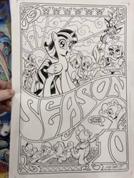 Size: 768x1024 | Tagged: safe, artist:andypriceart, derpibooru import, idw, apple bloom, applejack, fluttershy, pinkie pie, princess celestia, princess luna, rainbow dash, rarity, scootaloo, spike, sweetie belle, twilight sparkle, twilight sparkle (alicorn), alicorn, butterfly, dragon, earth pony, pegasus, pony, unicorn, spoiler:comic, spoiler:comicseason10, armpits, cutie mark crusaders, female, filly, male, mane seven, mane six, mare, monochrome, pony history, season 10, traditional art