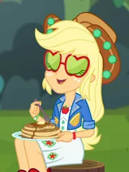 Size: 814x1080 | Tagged: safe, derpibooru import, screencap, applejack, equestria girls, equestria girls series, wake up!, spoiler:choose your own ending (season 2), spoiler:eqg series (season 2), applejack's festival hat, applejack's sunglasses, butter, clothes, cowboy hat, cropped, dress, eating, female, food, fork, freckles, glasses, hat, legs, music festival outfit, pancakes, plate, sitting, smiling, solo, stetson, sunglasses, syrup, tree stump, wake up!: applejack
