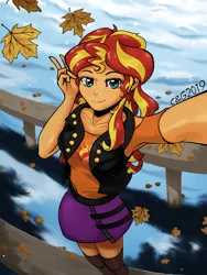 Size: 1536x2048 | Tagged: safe, artist:qzygugu, derpibooru import, sunset shimmer, human, equestria girls, equestria girls series, autumn, beautiful, clothes, cute, female, leaf, leaves, looking at you, miniskirt, peace sign, shimmerbetes, skirt, smiling, socks, solo, thigh highs