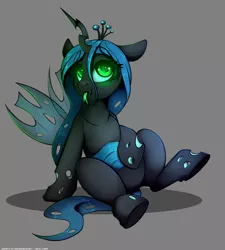 Size: 2700x3000 | Tagged: safe, artist:skitsniga, derpibooru import, queen chrysalis, changeling, changeling queen, cute, cutealis, female, glowing eyes, gray background, green eyes, high res, simple background, sitting, smiling, solo, tongue out, younger