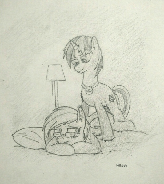 Size: 1674x1884 | Tagged: suggestive, artist:hbgxh, derpibooru import, oc, oc:hwtfbi, unofficial characters only, bat pony, pony, unicorn, glasses, lamp, lineart, misleading thumbnail, pillow, traditional art