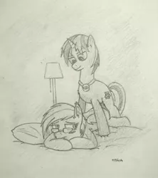 Size: 1674x1884 | Tagged: suggestive, artist:hbgxh, derpibooru import, oc, oc:hwtfbi, unofficial characters only, bat pony, pony, unicorn, glasses, lamp, lineart, misleading thumbnail, pillow, traditional art