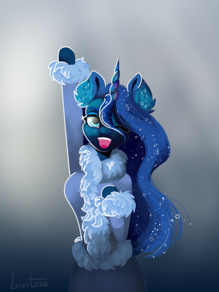 Size: 3096x4128 | Tagged: alicorn, anthro, arm hooves, artist:livitoza, breasts, busty princess luna, clothes, coat, derpibooru import, fangs, female, freckles, looking at you, mare, one eye closed, open mouth, princess luna, safe, smiling, solo, sweater, wink
