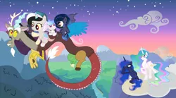 Size: 7273x4033 | Tagged: safe, artist:velveagicsentryyt, derpibooru import, discord, princess celestia, princess luna, oc, oc:asterism, oc:moonlight sonata, oc:mysterilestia, alicorn, draconequus, hybrid, pony, absurd resolution, cloud, family, female, filly, interspecies offspring, male, mare, missing accessory, offspring, on a cloud, parent:discord, parent:king sombra, parent:princess celestia, parent:princess luna, parents:dislestia, parents:lumbra, sitting, sitting on cloud, sky