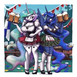 Size: 2400x2400 | Tagged: alcohol, alicorn, anthro, apron, artist:king-kakapo, beer, big breasts, blushing, breasts, bump, busty princess celestia, busty princess luna, choker, cleavage, clothes, cup, cute, derpibooru import, dirndl, dress, drink, duo, duo female, female, high heels, huge breasts, mare, mary janes, miniskirt, moe, mug, oktoberfest, part of a set, princess celestia, princess luna, royal sisters, scrunchy face, shoes, siblings, simple background, sisters, skirt, socks, spread wings, stockings, suggestive, thigh highs, tray, unguligrade anthro, waitress, wings, zettai ryouiki