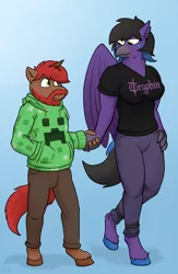 Size: 792x1216 | Tagged: safe, artist:captainzepto, derpibooru import, oc, oc:ginger snap, oc:tech tonic, unofficial characters only, anthro, classical hippogriff, hippogriff, unguligrade anthro, unicorn, abstract background, clothes, creeper, duo, female, hippogriff oc, holding hands, hoodie, male, minecraft, muscles, muscular female, oc x oc, pants, shipping, shirt, size difference, smaller male, smiling, stallion, straight, t-shirt