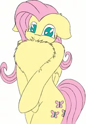 Size: 970x1385 | Tagged: safe, artist:rurihal, color edit, derpibooru import, edit, fluttershy, pegasus, pony, bipedal, chest fluff, colored, cute, floppy ears, fluffershy, folded wings, impossibly large chest fluff, pose, shyabetes, simple background, solo, wings