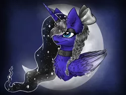 Size: 2048x1536 | Tagged: safe, artist:melonseed11, derpibooru import, oc, oc:princess dark, unofficial characters only, alicorn, pony, alicorn oc, bow, braid, bust, ethereal mane, female, galaxy mane, hair bow, horn, lipstick, mare, moon, portrait, solo, wings
