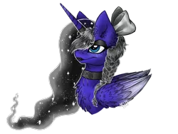 Size: 2048x1536 | Tagged: safe, artist:melonseed11, derpibooru import, oc, oc:princess dark, unofficial characters only, alicorn, pony, alicorn oc, bow, braid, bust, ethereal mane, female, galaxy mane, hair bow, horn, lipstick, mare, portrait, simple background, solo, transparent background, wings