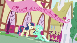 Size: 800x450 | Tagged: safe, derpibooru import, screencap, blues, bon bon, lyra heartstrings, noteworthy, sweetie drops, earth pony, pegasus, pony, unicorn, the big mac question, animated, apple, background characters doing background things, background pony, canon, cropped, duo focus, female, food, gif, happy, it finally happened, it happened, jewelry, lesbian, living apple, lyrabon, mare, marriage proposal, ring, running, scared, shipping, wedding ring