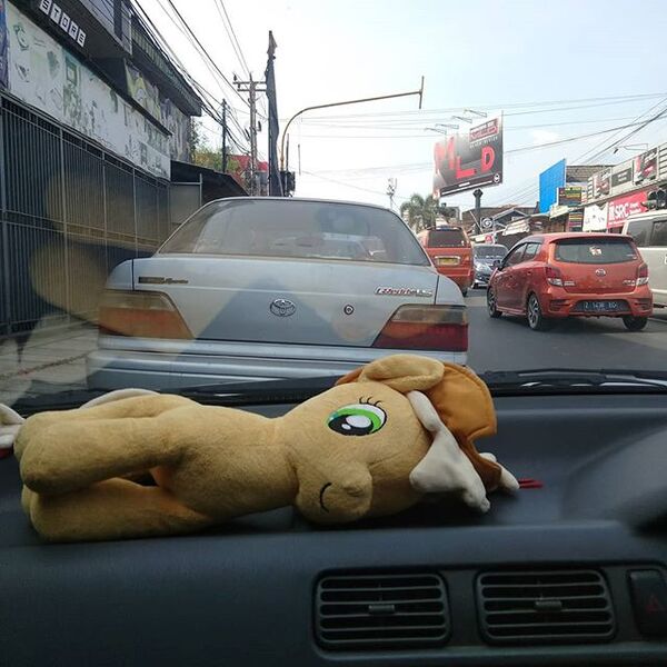 Size: 640x640 | Tagged: applejack, car, city, daihatsu, daihatsu ayla, derpibooru import, indonesia, irl, obligatory pony, photo, plushie, safe, toy, toyota, toyota soluma