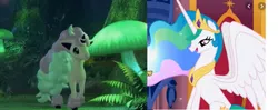 Size: 848x336 | Tagged: safe, derpibooru import, princess celestia, alicorn, galarian ponyta, pony, ponyta, unicorn, comparison, ethereal mane, female, giant mushroom, glowing mushroom, mare, mushroom, pokemon sword and shield, pokémon