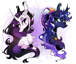 Size: 1183x1000 | Tagged: safe, artist:manella-art, derpibooru import, princess celestia, princess luna, pony, between dark and dawn, 80s princess luna, bust, curved horn, horn, portrait, punklestia