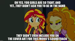 Size: 1280x714 | Tagged: safe, derpibooru import, edit, edited screencap, screencap, adagio dazzle, sunset shimmer, equestria girls, rainbow rocks, album, album cover, breaking the fourth wall, caption, clothes, dialogue, fourth wall, grin, image macro, jewelry, lidded eyes, necklace, smiling, soundtrack, taunting, text