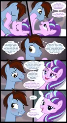 Size: 1240x2283 | Tagged: safe, artist:culu-bluebeaver, derpibooru import, starlight glimmer, oc, oc:bluehooves, earth pony, pony, unicorn, comic:the newcomer, the cutie map, aftersex, bed, bedroom eyes, blushing, canon x oc, comic, compliment, dialogue, eyes closed, female, female pov, glimmooves, glowing horn, grin, horn, kissing, lidded eyes, looking at each other, magic, male, mare, messy mane, nervous, nervous grin, offscreen character, pillow, pov, s5 starlight, show accurate, smiling, smirk, stallion, straight, sweat, thought bubble