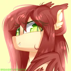 Size: 2000x2000 | Tagged: safe, artist:redheartponiesfan, derpibooru import, oc, oc:airi, unofficial characters only, bat pony, pony, bat pony oc, bat wings, bust, eye clipping through hair, female, mare, portrait, simple background, slit eyes, solo, wings, yellow background