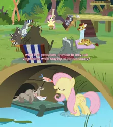 Size: 1280x1440 | Tagged: safe, derpibooru import, edit, edited screencap, screencap, antoine, clementine, fluttershy, harry, muriel, sandra, smoky, smoky jr., softpad, bear, elephant, ferret, fish, giraffe, koala, pegasus, pony, snake, wolf, dragonshy, she talks to angel, animal, carnivore, comparison, dead, feeding, female, hypocrite, male, mare