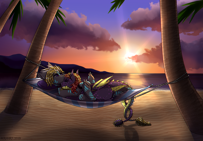 Size: 1800x1254 | Tagged: safe, artist:serodart, derpibooru import, oc, unofficial characters only, dragon, original species, pony, beach, chromatic aberration, commission, eyes closed, gay, hammock, hug, love, male, ocean, palm tree, sand, shipping, sky, sun, sunset, tree