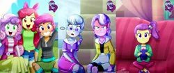 Size: 2435x1024 | Tagged: safe, artist:the-butch-x, derpibooru import, editor:thomasfan45, apple bloom, diamond tiara, lily pad (equestria girls), scootaloo, silver spoon, sweetie belle, human, equestria girls, equestria girls series, ..., :c, >:c, adorabloom, angry, apple bloom's bow, belt, big grin, bleachers, blue eyes, boots, bow, bracelet, butch's hello, clothes, collage, collarbone, confused, controller, couch, countdown, cross-popping veins, crossed legs, curtains, cute, cutealoo, cutie mark crusaders, description is relevant, diasweetes, duo, duo female, ear piercing, earring, equestria girls logo, female, football field, frown, glasses, grass, green eyes, grin, hair bow, hello x, jacket, jeans, jewelry, legs, living room, looking at you, necklace, open mouth, orange eyes, pants, piercing, ponytail, purple eyes, red face, shoes, shorts, sitting, skirt, smiling, trio, trio female, video game, wall of tags, waving