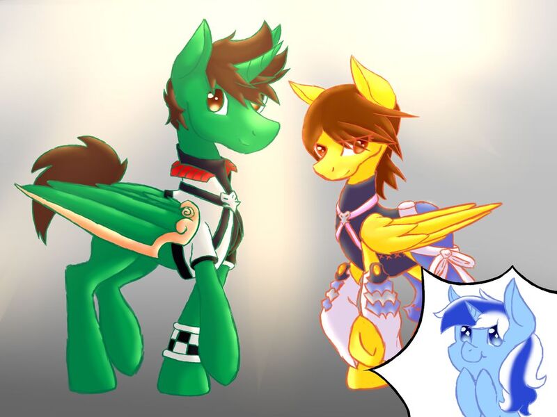 Size: 1024x768 | Tagged: safe, artist:amalieblox, derpibooru import, oc, oc:frost d. tart, oc:golden lily, oc:zipper zest, unofficial characters only, alicorn, pegasus, pony, unicorn, alicorn oc, aqua, brother and sister, clothes, cosplay, costume, female, horn, kingdom hearts, kingdom hearts: birth by sleep, male, not minuette, siblings, ventus, wings