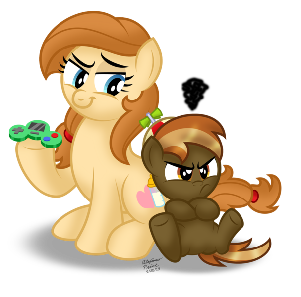 Size: 899x889 | Tagged: safe, artist:aleximusprime, derpibooru import, button mash, oc, oc:cream heart, earth pony, pony, button's adventures, angry, buttonbetes, cute, duo, duo male and female, female, hat, jananimations, joyboy, madorable, male, mom, mother, mother and child, mother and son, ococtober, propeller hat, son, video game